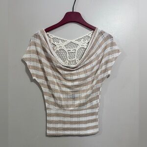 Y2K HeartSoul Beige and White Striped Blouse with Lace Back